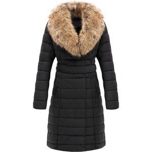 Faux Leather Puffer Padding Long Jacket, Women Winter Bubble Coats with Collar
